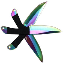 Load image into Gallery viewer, DEFENDER XTREME 6&quot; RAINBOW COLOUR 3 THROWING KNIVES STAINLESS W/ SHEATH 13740
