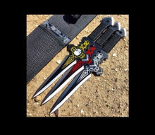 Load image into Gallery viewer, Defender Skull Design Black Throwing Knives With Sheath Set of 3pc 6666
