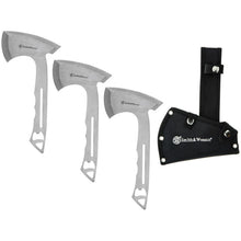 Load image into Gallery viewer, SMITH &amp; WESSON HAWKEYE THROWING AXE SET SATIN STAINLESS STEEL SHEATH SW1117231
